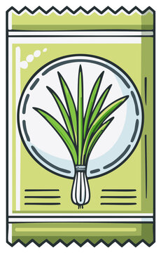 Cartoon style seed packet with fresh green onions or chives for planting