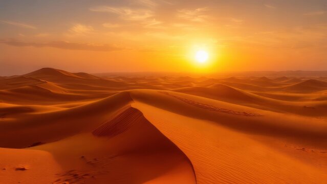 Golden Desert Dunes Under a Fiery Sunset Sky with Rippling Sand Patterns