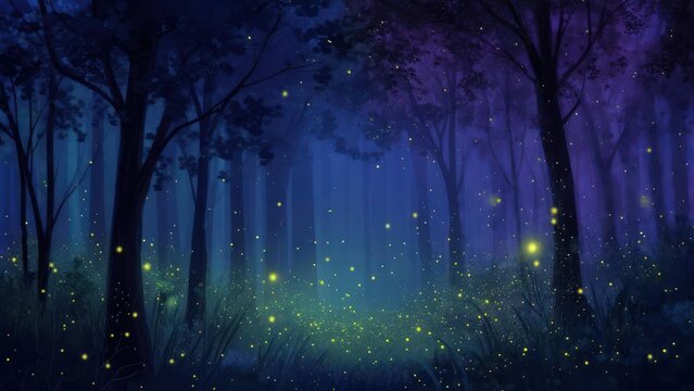 A Mystical Forest Aglow with Golden Fireflies in the Deep Blue Twilight
