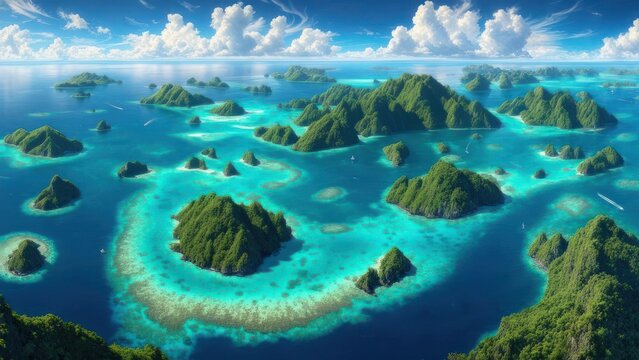 Sunlit Panorama of a Verdant Archipelago in a Luminous Turquoise and Sapphire Sea