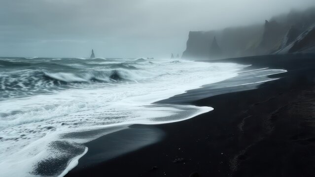 Silky White Surf Contrasts with Volcanic Black Sand on a Moody Icelandic Shore