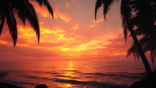 Fiery Tropical Sunset Framed by Silhouetted Palm Fronds Over a Calm Sea