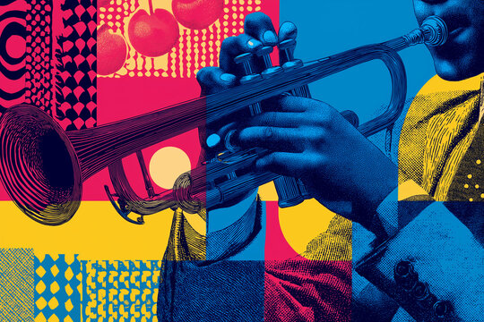 A vibrant, abstract collage of musical instruments and shapes in a diverse color palette. It symbolizes the lively, spontaneous energy and creative harmony of jazz and music.