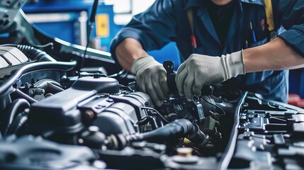Engine repairman working on a car engine, using tools like sockets and ratchets to fix parts, checking spark plugs and hoses, wearing a mechanic’s uniform and gloves in an auto repair shop