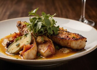 A white plate topped with fish and vegetables.