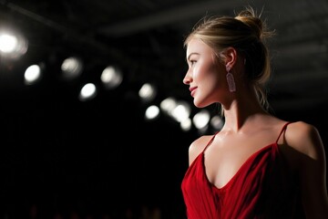Naklejka premium Fashion model wearing elegant red dress and earrings posing on the catwalk during a fashion show