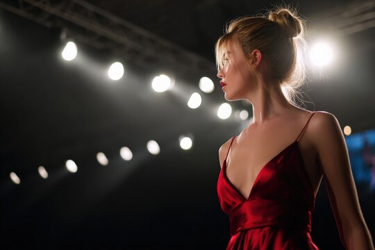Fashion model wearing a striking red evening dress, confidently posing on the catwalk during an exciting fashion week runway show - Powered by Adobe