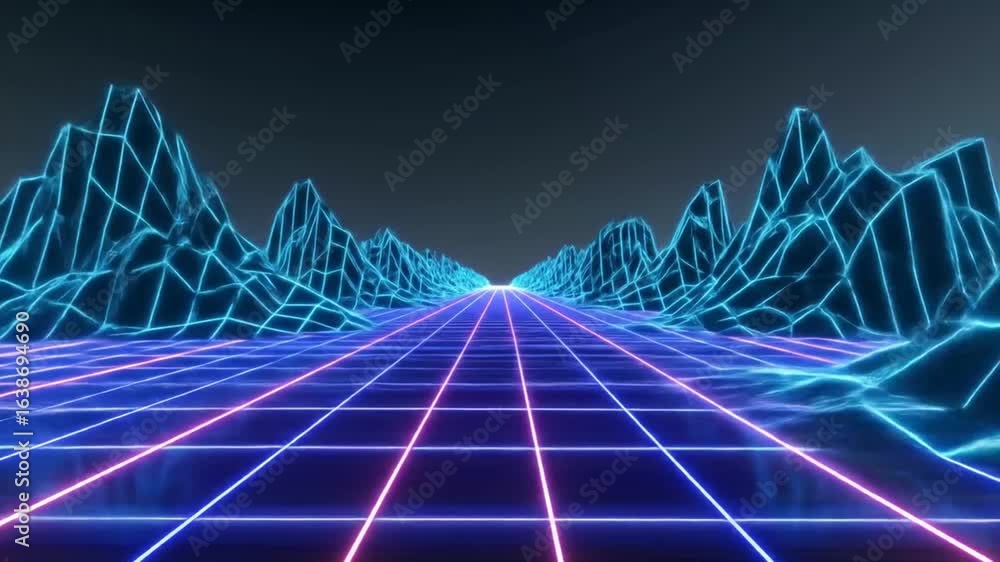 Poster retro synthwave animation with neon grid and wireframe mountains for backgrounds