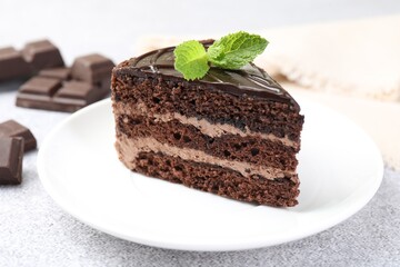 Piece of delicious chocolate cake with mint on grey table, closeup
