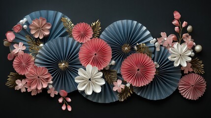 Obraz premium Ornate arrangement of crafted paper fans, blooms, and gold leaves on dark background