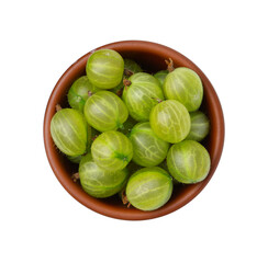 Fresh green gooseberries in bowl isolated on white, top view