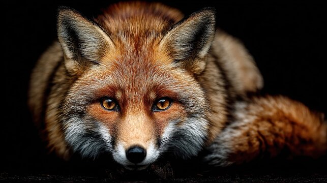 Close-up of a red fox, intense gaze, rich fur colors against dark background