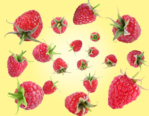 Fresh raspberries swirling in air against yellow gradient background