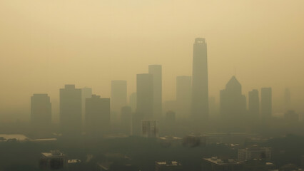 Fototapeta premium Smog-shrouded cityscape, hazy skyline, urban pollution, distant buildings barely visible.