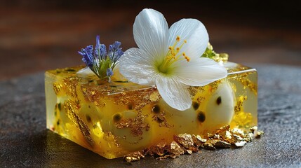 A translucent yellow cube of confection, containing white spheres and flecks of gold leaf, adorned with a white flower and purple sprigs, rests on a dark surface