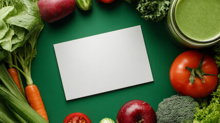 Fresh vegetables surround blank white card on green background, creating vibrant and healthy atmosphere perfect for recipes or promotions