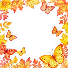 秋のカエデの葉と黄橙色の蝶のフレーム