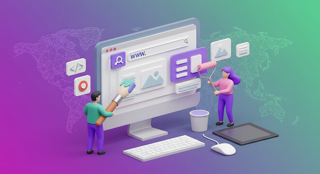 Web designers collaboratively paint a website interface on a large computer screen, using digital tools and paint rollers.