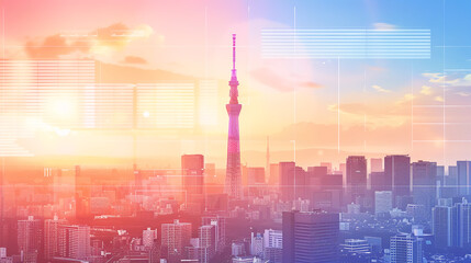 Tokyo Skytree and Cityscape with Futuristic Digital Network Overlay