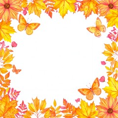 秋の落ち葉とオレンジ色の蝶の花フレーム