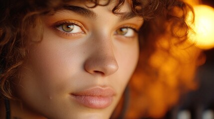 A close up of a woman with curly hair.