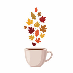 Warm cup of coffee releases vibrant autumn leaves creating cozy fall atmosphere