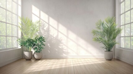 Sunlit minimalist room with light hardwood floors, white walls, and two potted palms flanking a large empty wall space