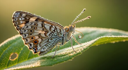 Obraz premium Macro shot of a butterfly with dew drops on a green leaf at sunrise