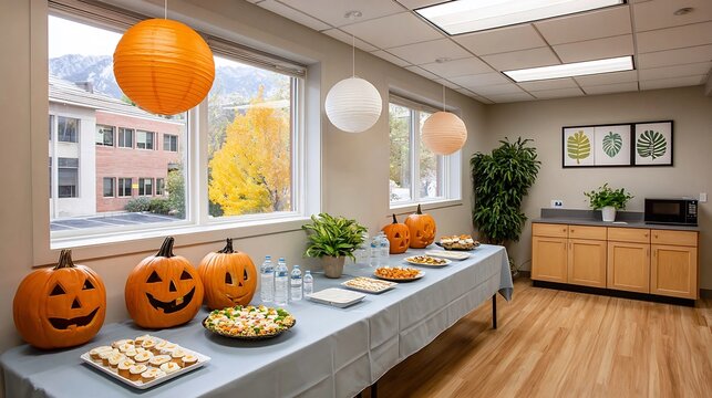 Office halloween party with pumpkins and food on table - Powered by Adobe
