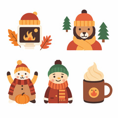 Cozy winter characters and warm hearth create delightful seasonal charm for holiday promotions