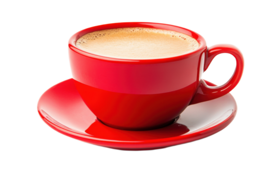 A red cup of tasty coffee on white background,png