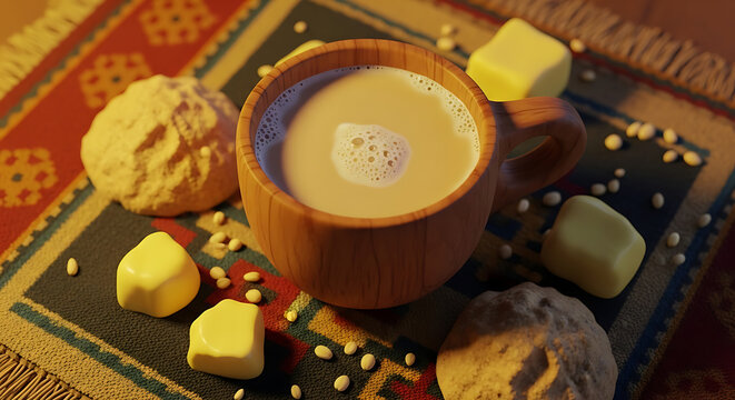 A warm, frothy beverage in a wooden mug, surrounded by butter cubes and traditional bread on a colorful woven mat.
