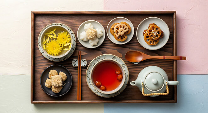 A beautifully arranged Korean tea set with jujube tea, a teapot, and assorted traditional snacks on a wooden tray.