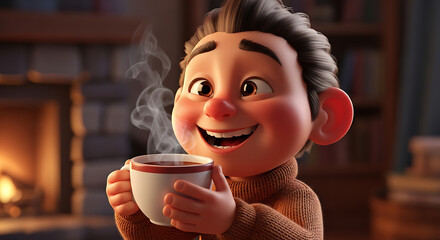 A cheerful 3D cartoon man with rosy cheeks holds a steaming mug in a cozy room with a fireplace.