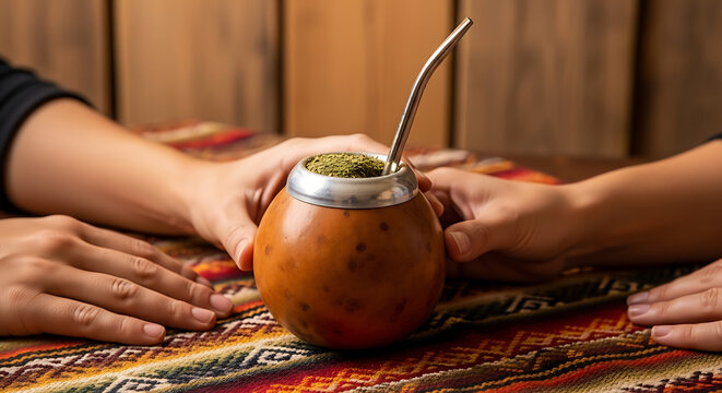 Two people sharing a traditional yerba mate drink from a calabash gourd with a bombilla straw.