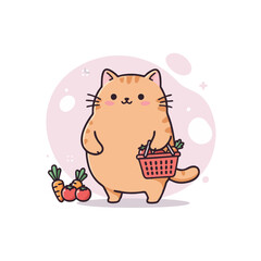 An adorable orange cat cartoon character holding a small shopping basket with fresh vegetables.