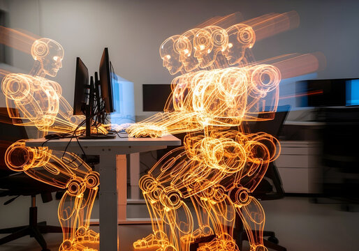 Humanoid robot in modern office moving quickly leaving a motion blur and trail representing AI work speed, efficency and superior task execution, replacing human labor job replacement and unemployment