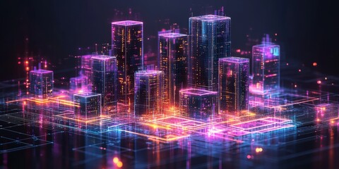 Obraz premium A 3D render of a futuristic cityscape made of glowing, transparent cubes. This image is suitable for websites and blogs related to technology, AI, data, smart cities, and the digital future.