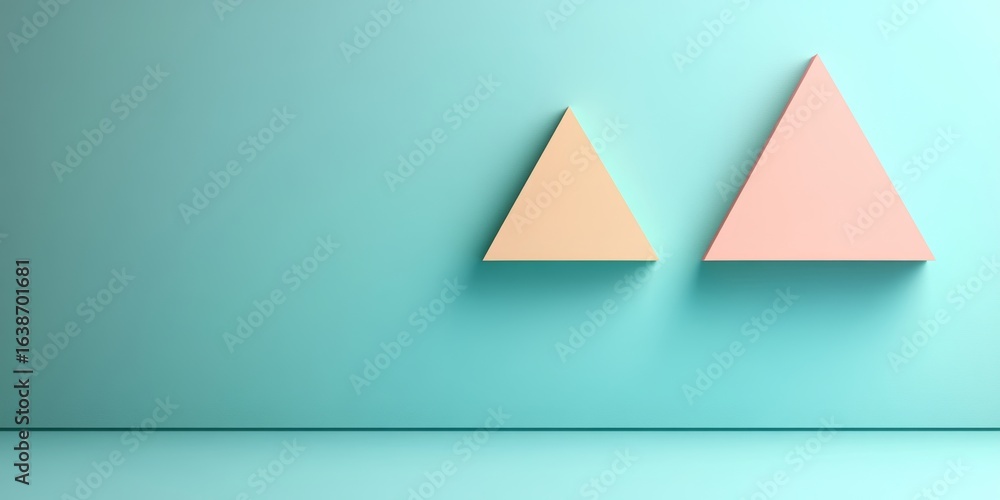 Poster a minimal 3d render of two pastel triangles on a solid teal background. this image is suitable for w