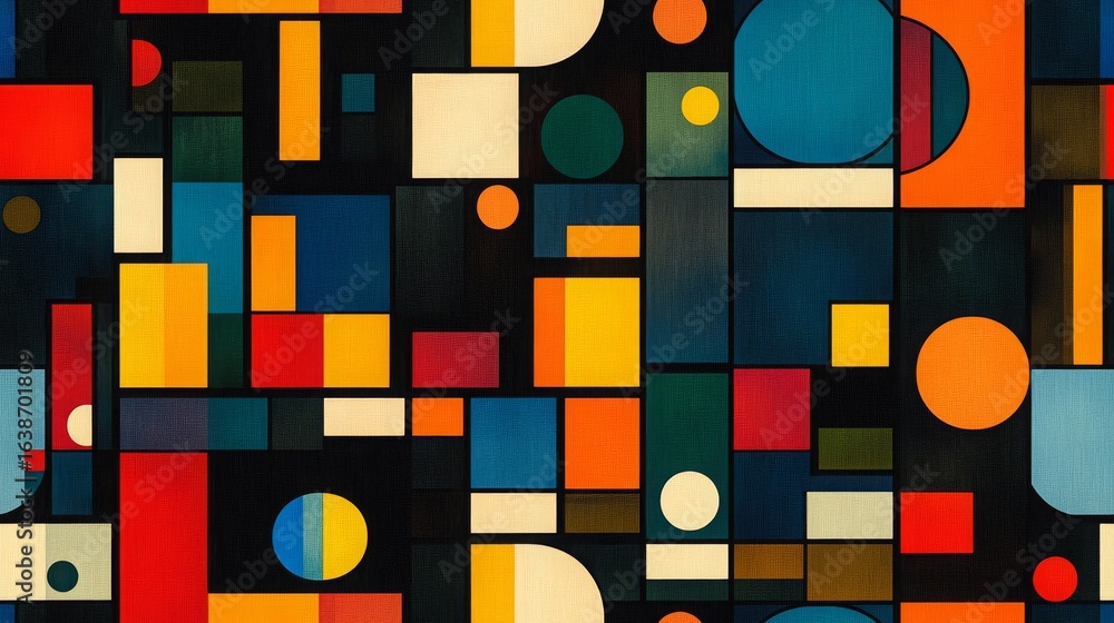 Poster a modern, geometric abstract seamless pattern with various colorful shapes, perfect as a background 