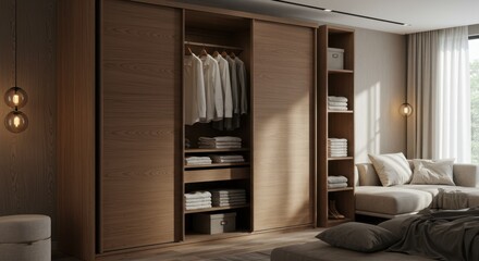Fototapeta premium A modern bedroom displays a luxurious wooden closet and a comfortable neutral-toned sofa space.