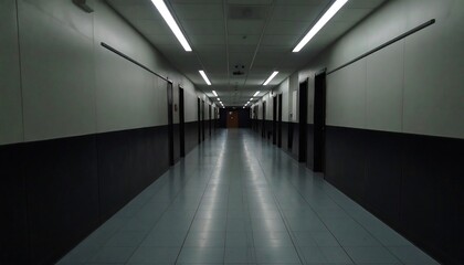 Long Empty Gray Hallway with Closed Doors and Fluorescent Lights