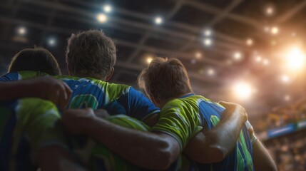 Group of Athletes Embracing in Team Huddle Under Bright Stadium Lights