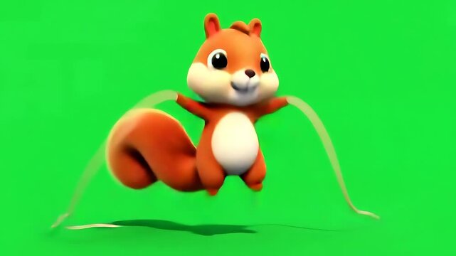 Adorable Cartoon Squirrel Jumping on Green Screen