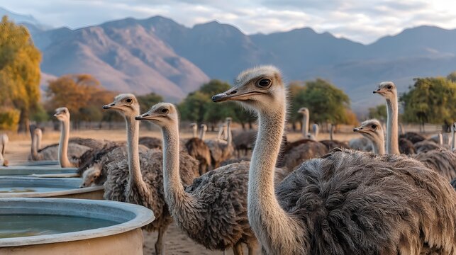 Ostriches feeding at a farm with mountains in the background - Powered by Adobe