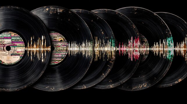 Vintage vinyl records, layered with sound waves.  Colorful, fragmented, audio waveforms overlay several aged, black vinyl records in a horizontal row