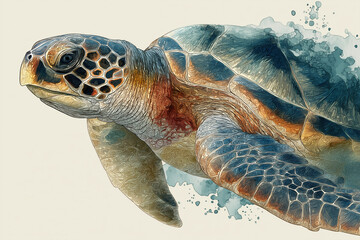 Fototapeta premium An artistic, detailed rendering of a sea turtle swimming, featuring intricate patterns and a watercolor background. This symbolizes longevity, resilience, and the fragile beauty of marine life.