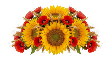 Vibrant Sunflowers, Red Poppies, and Golden Wheat Stems Decorative Arrangement on White