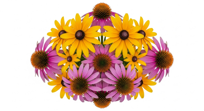 Vibrant Symmetrical Floral Arrangement with Purple Coneflowers and Yellow Black-Eyed Susans on White Background