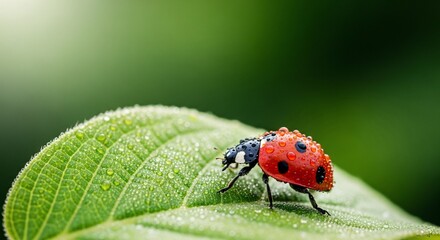 Fototapeta premium Macro shot of a red ladybug covered in water droplets on a vibrant green leaf